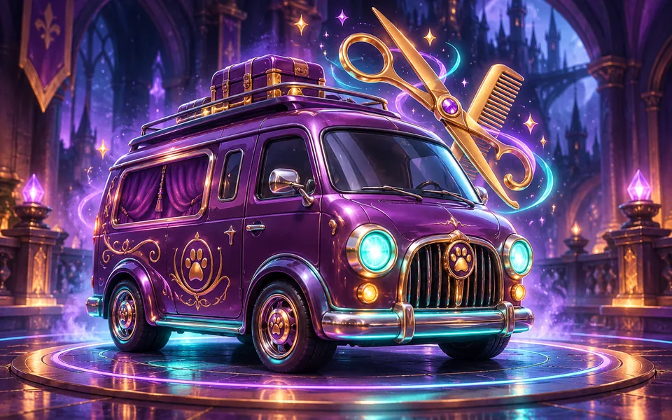Оригинальная редакционная иллюстрация для карточки мини-игры Groomer’s Van
